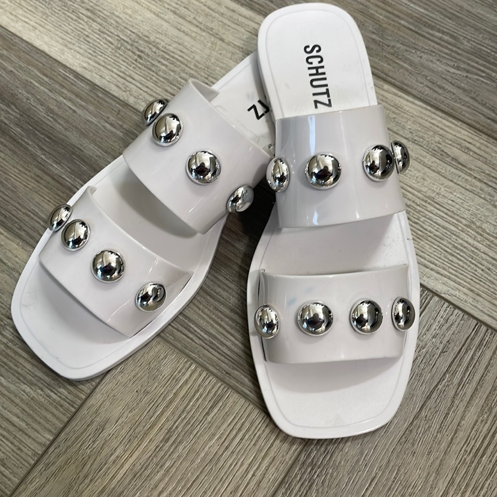 Schutz White Studded Lizzie Sandals size 10